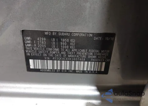 2019 Subaru Impreza 2.0I Premium from USA, damaged, VIN 4S3GKAC6XK3607409